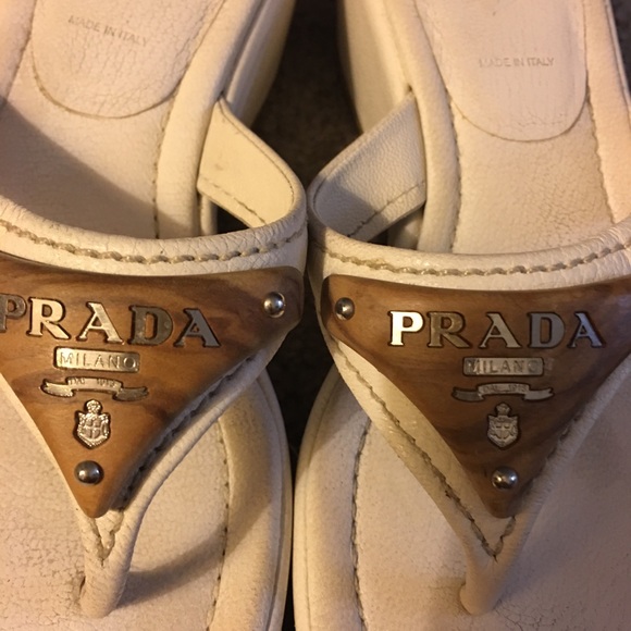 Prada white wedge sandals with wooden emblem. Ladies size 7. - Picture 3 of 6